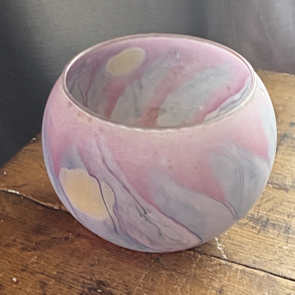 Vintage 80s Decor Handcrafted Glass Bowl Pastels | Pink Blue Canadian Deco Art